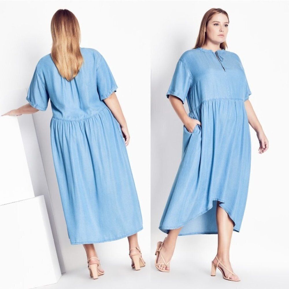 City Chic Refinity Women's Size 12 Hi-Lo Chambray Midi Dress Summer Denim $139